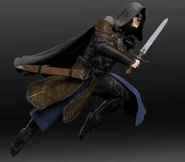 Fantasy Medieval Man in Leather Armor, Hooded Cloak, with Swords