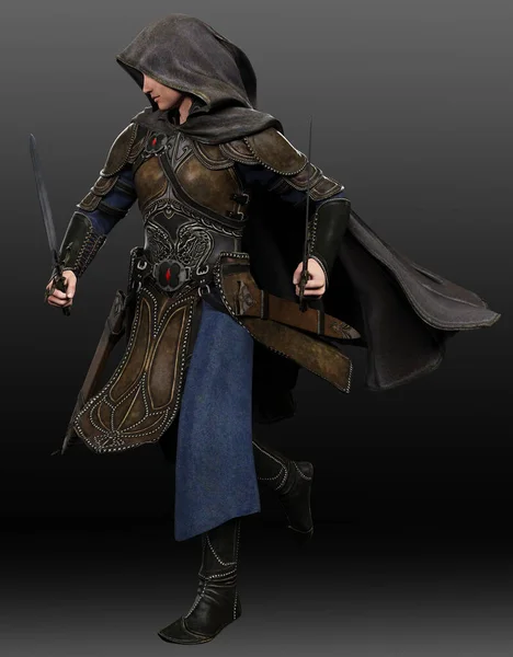 Fantasy Medieval Man in Leather Armor, Hooded Cloak, with Swords