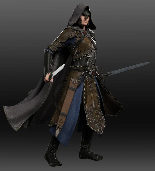 Fantasy Medieval Man in Leather Armor, Hooded Cloak, with Swords