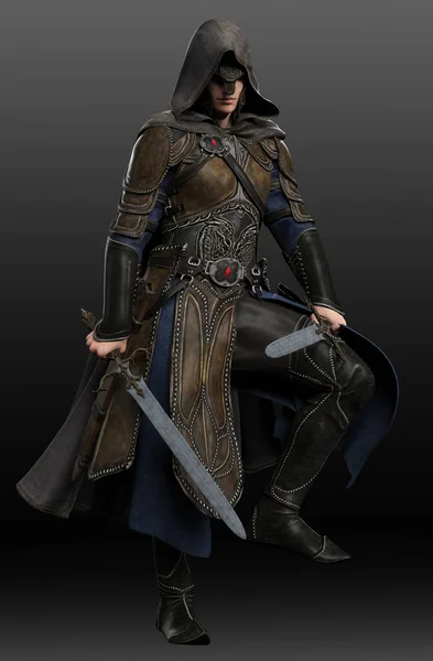 Fantasy Medieval Man in Leather Armor, Hooded Cloak, with Swords