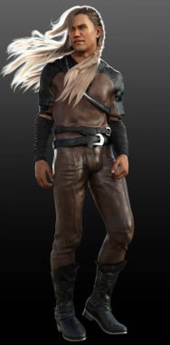 Kahverengi Deri Zırhlı Uzun Sarı Saçlı Fantezi Erkek, Rogue veya Ranger
