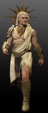 Fantezi Yunan Tanrısı veya Beyaz Toga 'lı Savaşçı veya Altın Güneş Işını Halo' lu Tunik