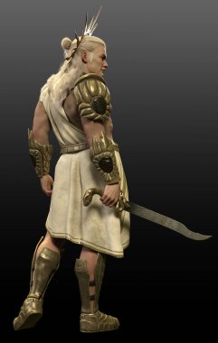 Fantasy Greek God or Warrior in White Toga or Tunic with Gold Sun Ray Halo clipart