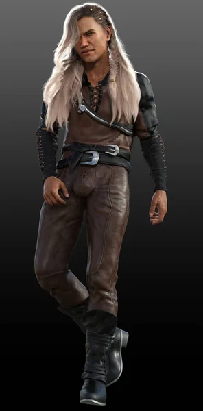 Fantasy Male Long Blonde Hair Brown Leather Armor Rogue Ranger — 스톡 사진