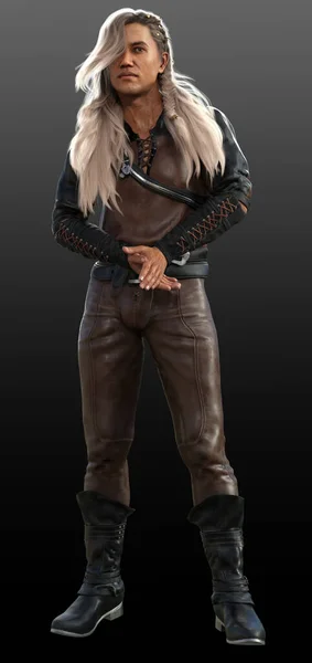 Fantasy Male Long Blonde Hair Brown Leather Armor Rogue Ranger — 스톡 사진