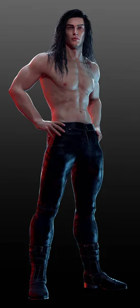 Urban Fantasy Male in Leather Pants, Shirtless, with Long Wet Hair