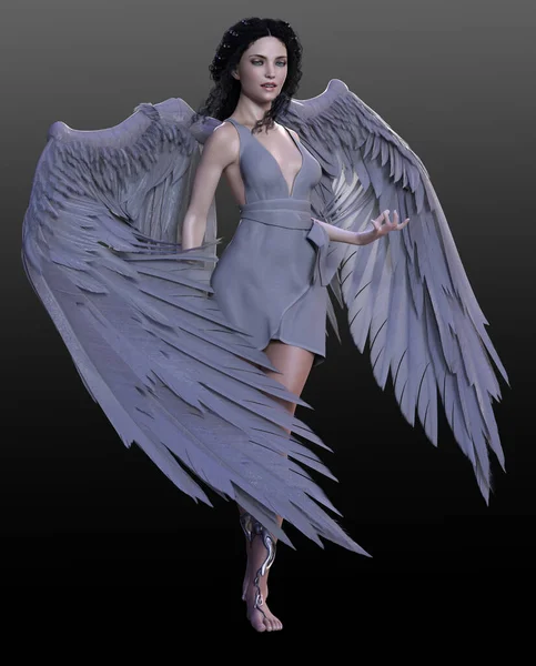 Fantasy Gray Angel Vrouw Met Zwart Haar Duif Grijze Vleugels — Stockfoto