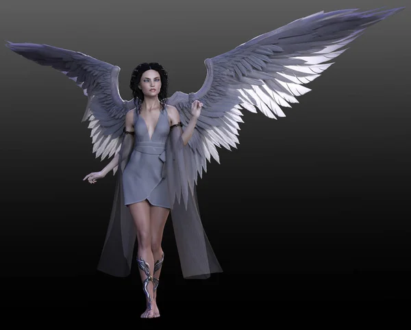 黒髪と鳩グレーの翼を持つファンタジーグレーエンジェル女性 — ストック写真