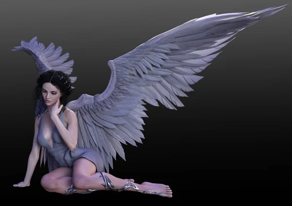 Fantasy Gray Angel Θηλυκό Μαύρα Μαλλιά Και Περιστέρι Γκρι Φτερά — Φωτογραφία Αρχείου