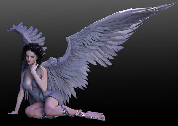 Женщина-ангел-фантазия с черными волосами и серыми крыльями голубя