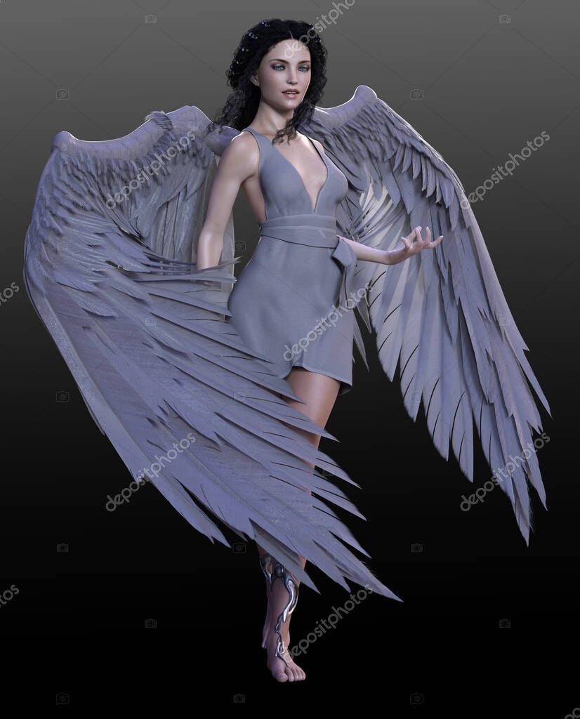 Fantezi Gri Melek Kadın Siyah Saçlı Güvercin Gri Kanatlı — Stok Foto ©  Ravven 616381048