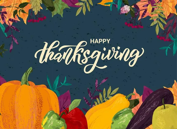 Thanksgiving mão lettering texto com abóbora e queda decoração. Folheto de convite de outono, modelo de cartão para a celebração da colheita. Ilustração à mão livre. — Vetor de Stock