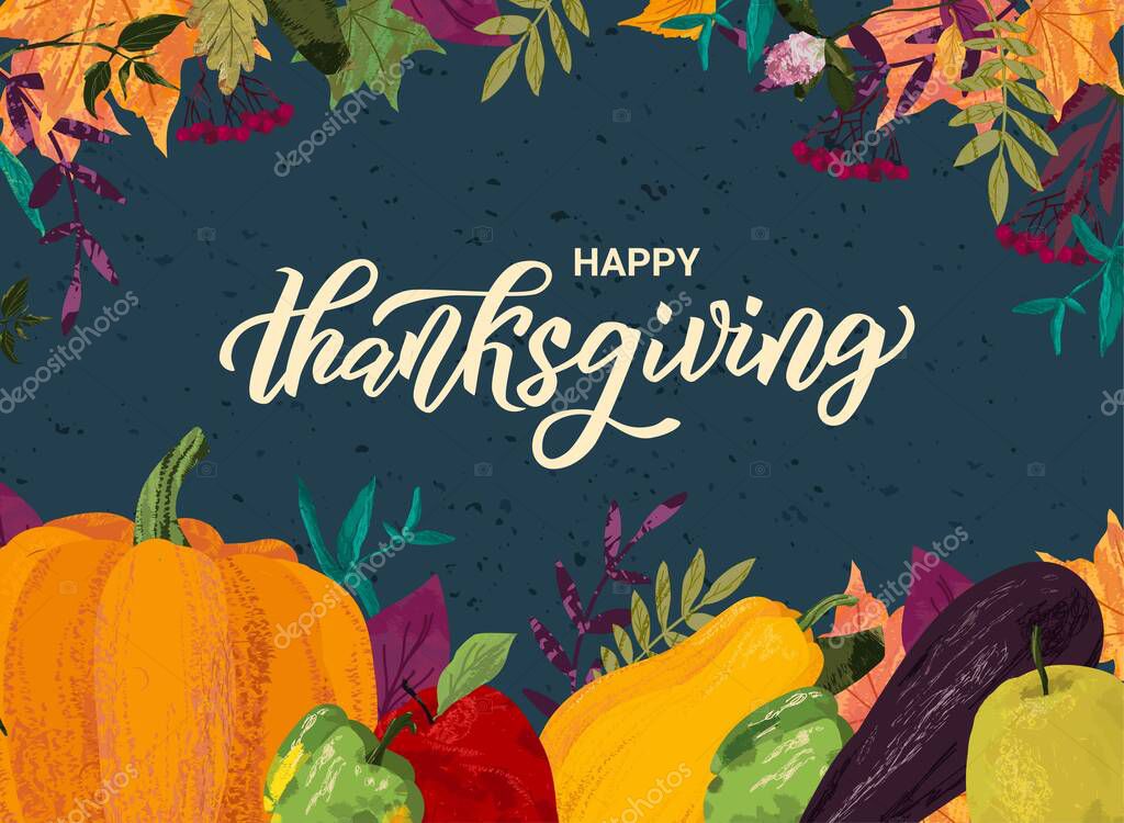 Thanksgiving hand lettering text with pumpkin and fall decor. Autumn invitation flyer, card template for harvest celebration. Vector clipart under mask.