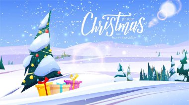 Karlı ağaçlarla kaplı dağ manzarası. Noel arkaplanı. Vektör çizgi film illüstrasyonu