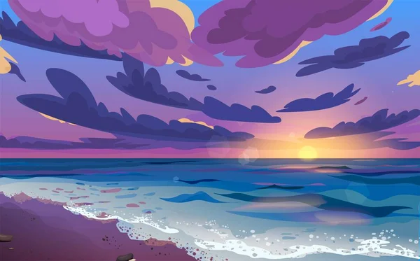 Napnyugta Vagy Napkelte Hajnal Tengeren Felhőkkel Égen Óceán Partja Hullámokkal — Stock Vector