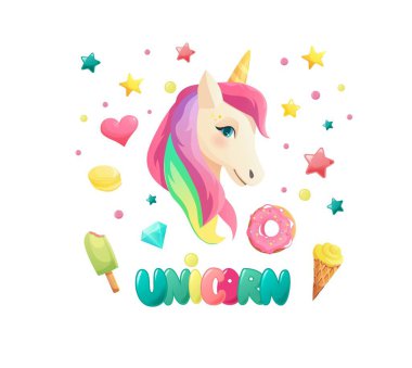 Tatlı tek boynuzlu at etiketleri düz stil. Çizgi film vektör illüstrasyonu.