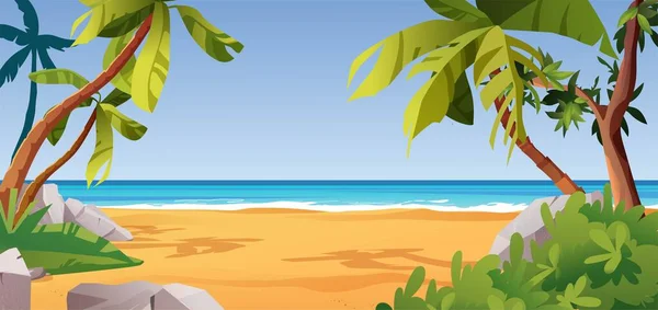 热带海滩景观,有棕榈树,石头,脉轮,海洋,灌木和岩石.休息的地方。卡通矢量图解. — 图库矢量图片