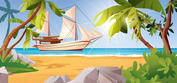 Tropical beach landscape with sailing ship, palm trees, stones, sea or ocean, bushes and rocks. Place for rest.