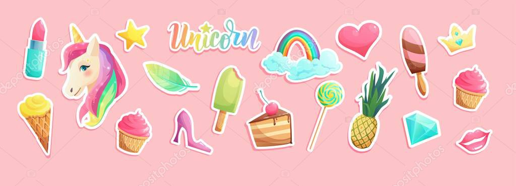 Cute unicorn stickers in flat style. vector illustration.
