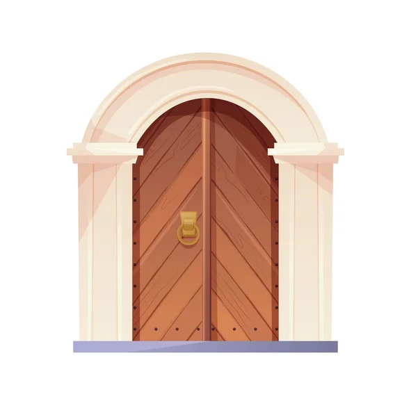 Puerta de madera medieval antigua con mango redondo de metal y arco. Entrada, puerta en un castillo, iglesia o casa. — Vector de stock