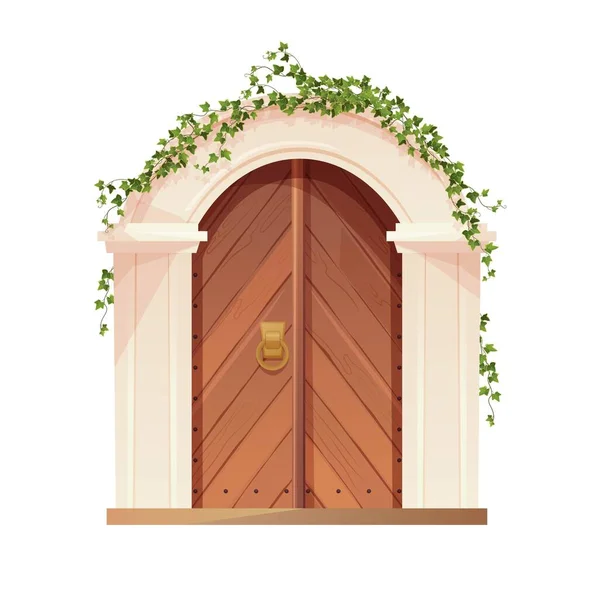 Porta de madeira medieval antiga com alça redonda de metal e arco. Entrada, portão em um castelo, igreja ou casa. — Vetor de Stock