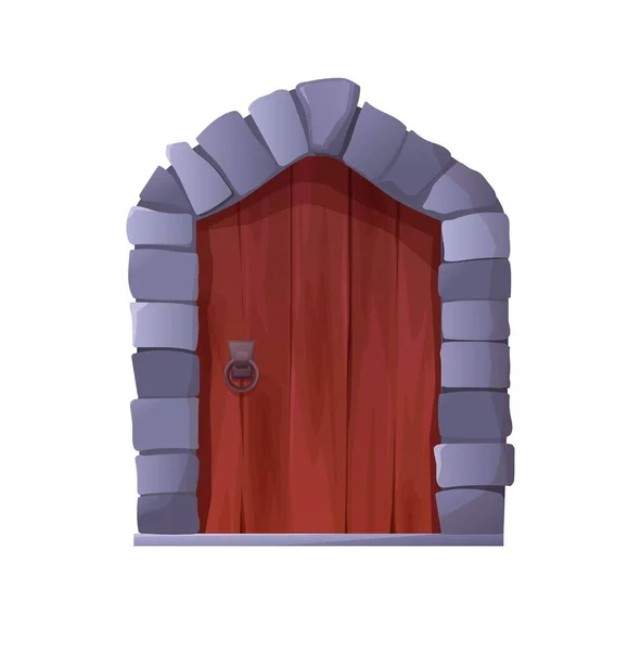 Antieke middeleeuwse houten deur met metalen ronde handgreep en bekleed met stenen. Gotische ingang, poort in een kasteel, kerk of huis. — Stockvector