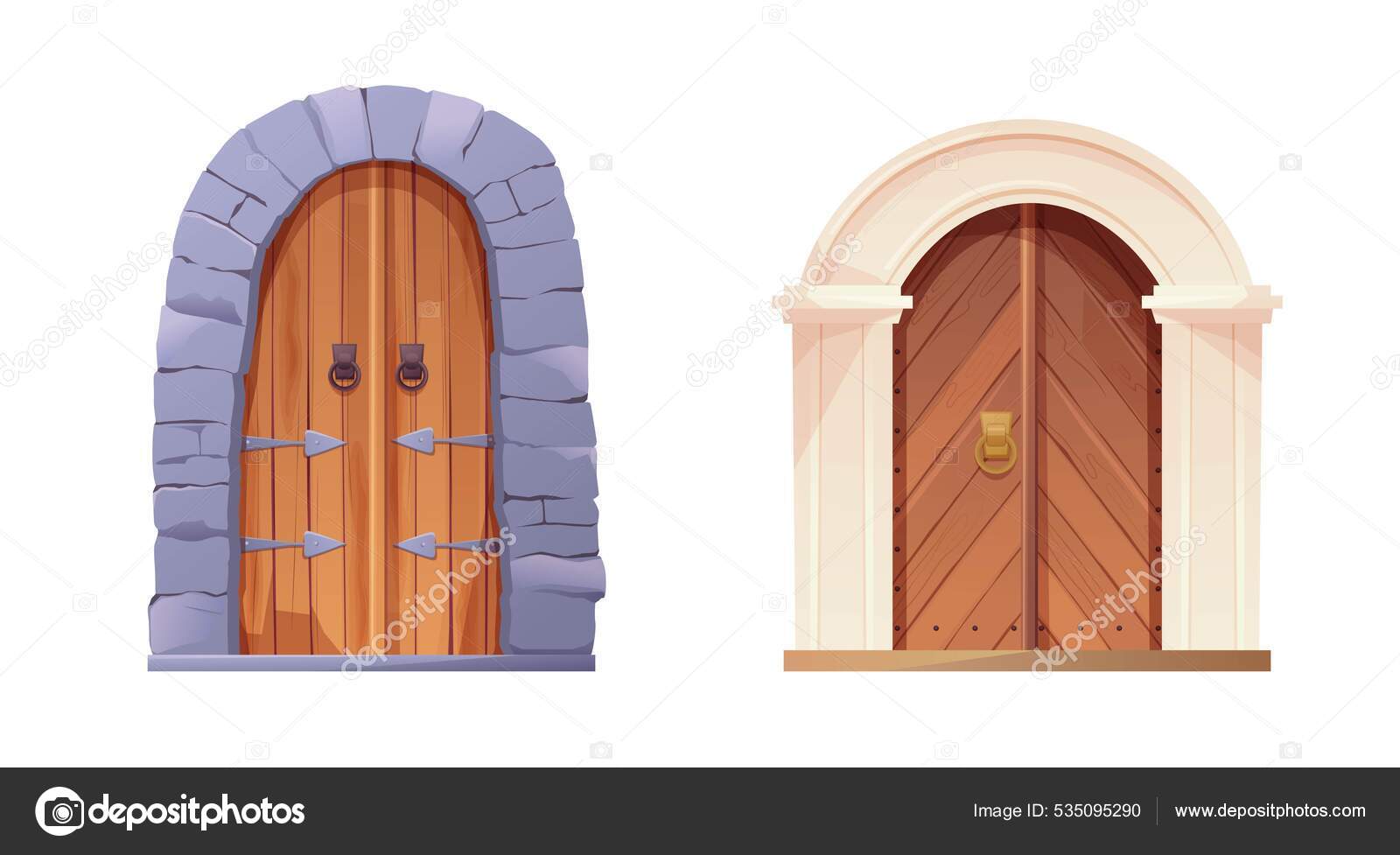 Antique medieval wooden door with metal round handle and lined with stones.  Gothic entrance, gate in a castle, church or house. Stock Vector Image by  ©Daria_Art #535095290