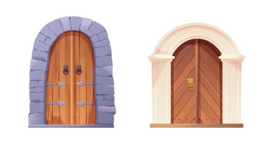 Metal yuvarlak saplı ve taşlarla kaplı antik ortaçağ ahşap kapısı. Gotik giriş, kale kapısı, kilise ya da ev..