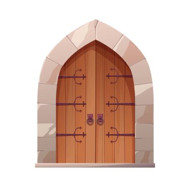 Metal yuvarlak saplı ve taşlarla kaplı antik ortaçağ ahşap kapısı. Gotik giriş, kale kapısı, kilise ya da ev..