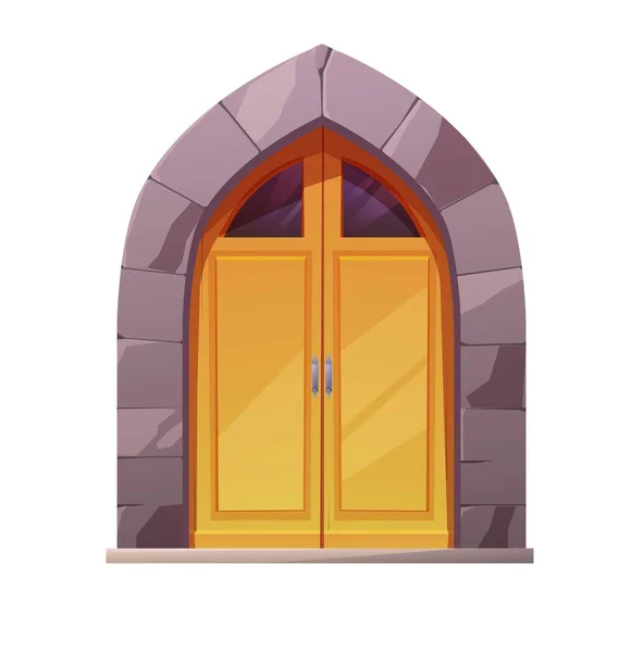 Porta de madeira medieval antiga com alça redonda de metal e forrada com pedras. Entrada gótica, portão em um castelo, igreja ou casa. — Vetor de Stock