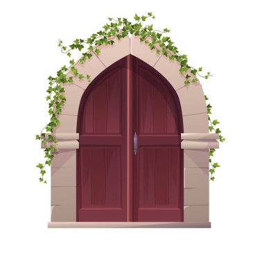 Antique medieval wooden door with arch and ivy plant. Entrance, gate in a castle, church or house.