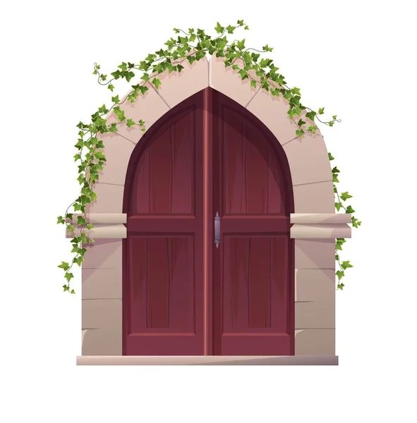 Antique medieval wooden door with arch and ivy plant. Entrance, gate in a castle, church or house.
