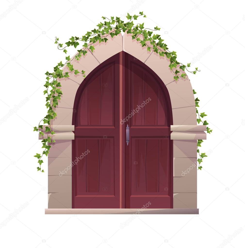 Antique medieval wooden door with arch and ivy plant. Entrance, gate in a castle, church or house.