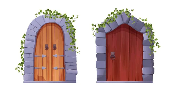 Antique Medieval Wooden Door Arch Ivy Plant Entrance Gate Castle — Wektor stockowy