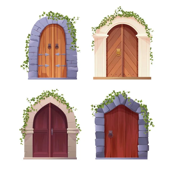 Antique Medieval Wooden Door Arch Ivy Plant Entrance Gate Castle — ストックベクタ