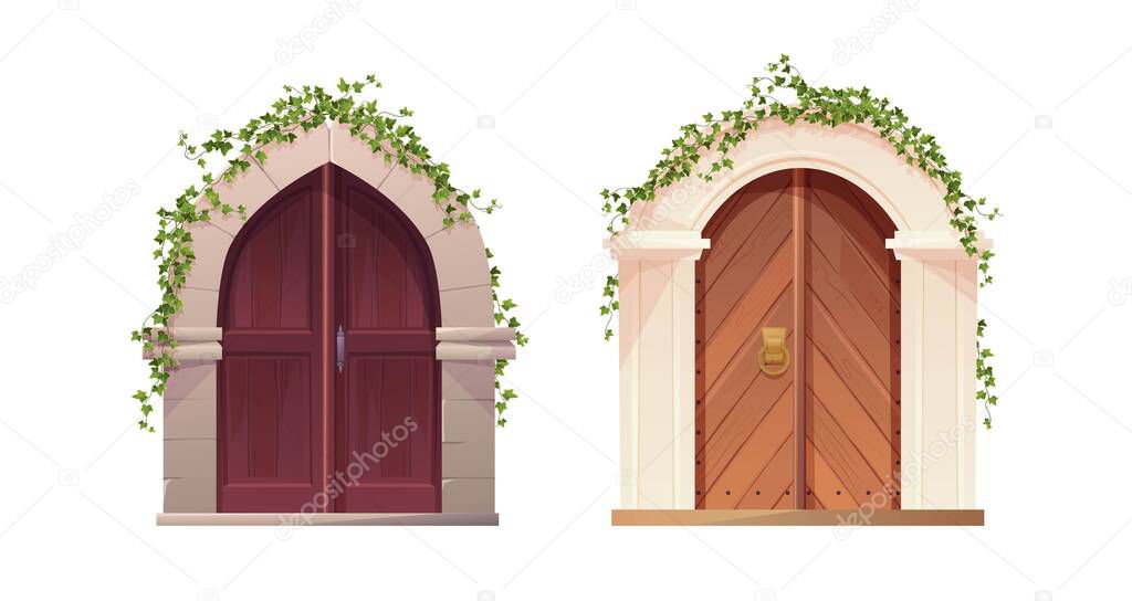 Antique medieval wooden door with arch and ivy plant. Entrance, gate in a castle, church or house.