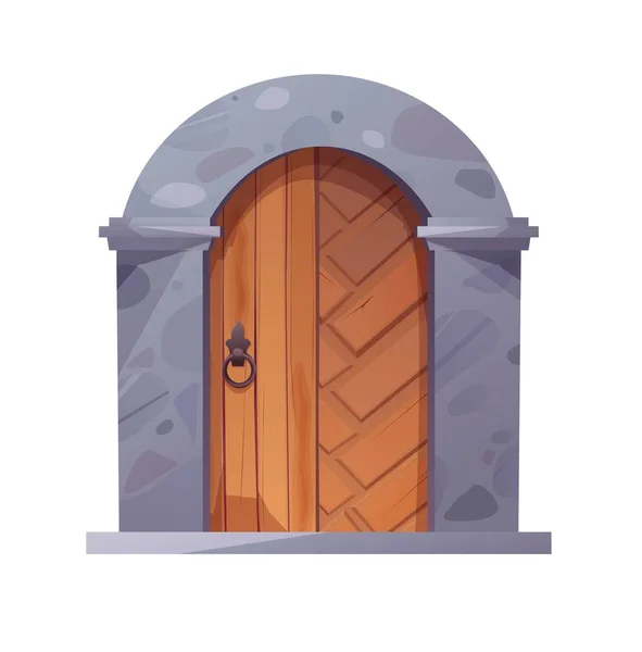 金属ラウンドハンドルと石で裏打ちされたアンティーク中世の木製のドア ゴシック様式の入り口 城や家の門 — ストックベクタ