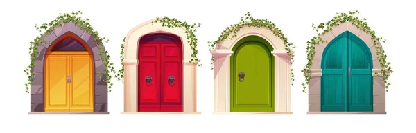 Wooden Bright Doors Handle Arch Ivy Plant Entrance Gate — Vetor de Stock