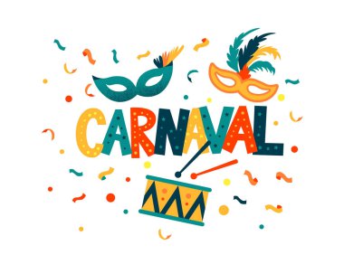 Karnaval el metin yazı banner, kart, logo, simge, davetiye şablon. Vektör çizim renkli parti elemanları ile.
