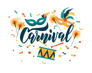 Karnaval el metin yazı banner, kart, logo, simge, davetiye şablon. Vektör çizim renkli parti elemanları ile.