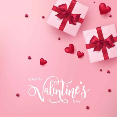 Sevgililer Günü 'nüz kutlu olsun. Gerçekçi görünen hediye kutuları ve kalplerle birlikte tipografi yazınız. Tebrik kartları, afiş, poster şablonu için tasarım.