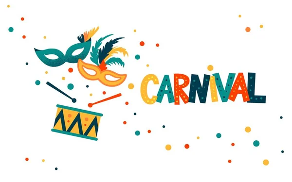 Carnival hand lettering text as banner, card, logo, icon, invitation template. Vector illustration with colorful party elements. — Stock Vector