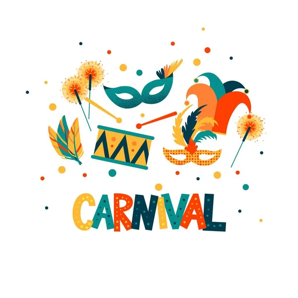 Carnival hand lettering text as banner, card, logo, icon, invitation template. Vector illustration with colorful party elements. — Stock Vector