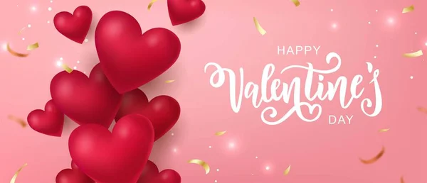Feliz día de San Valentín tipografía de letras de mano con corazones de aspecto realista. — Archivo Imágenes Vectoriales