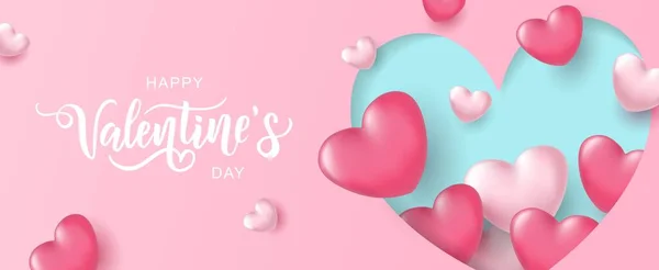 Feliz día de San Valentín tipografía de letras de mano con corazones de aspecto realista. — Archivo Imágenes Vectoriales