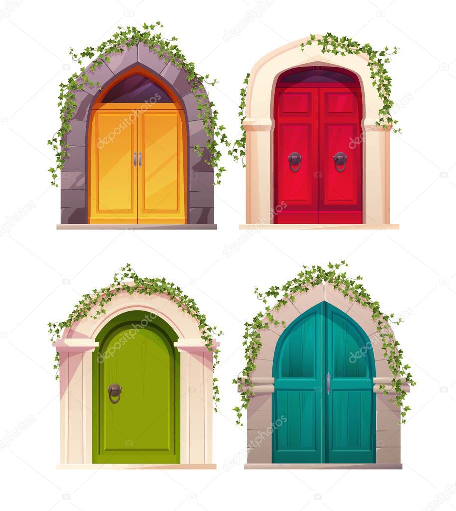 Wooden bright doors with handle, arch and ivy plant. Entrance, gate