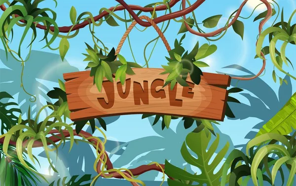 Jungle lettrage main texte en bois. Lettres de dessins animés texturées. Liane ou branches sinueuses de vigne. Rainforest plantes grimpantes tropicales. — Image vectorielle