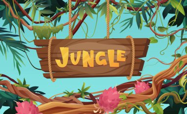 Orman işçisi ahşap metin yazıyor. Çizgi film harfleri. Liana veya sarmaşık dalları. Yağmur ormanları tropikal tırmanış bitkileri.