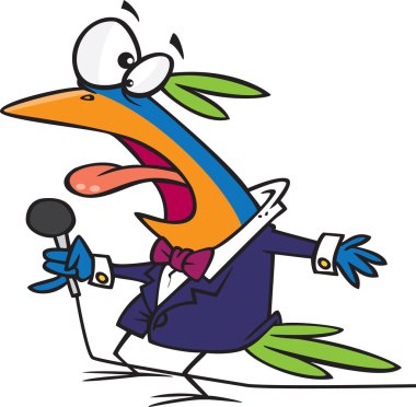 bir mikrofon - telif ücretsiz vektör çizim tarafından ron leishman holding clipart karikatür vokal şarkı kuş