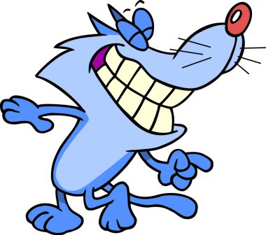 A cartoon of a sly blue cat smiling big about playing a trick on someone clipart